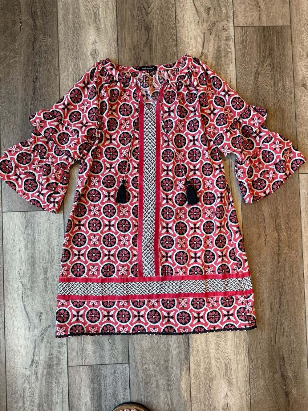 Simply Southern Tunic Dress Size S Floral Tassels Bell Sleeves